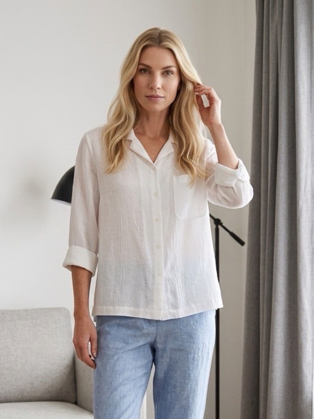 Coldwater Creek white linen button-down shirt turned up cuffs sleeves Women Med.